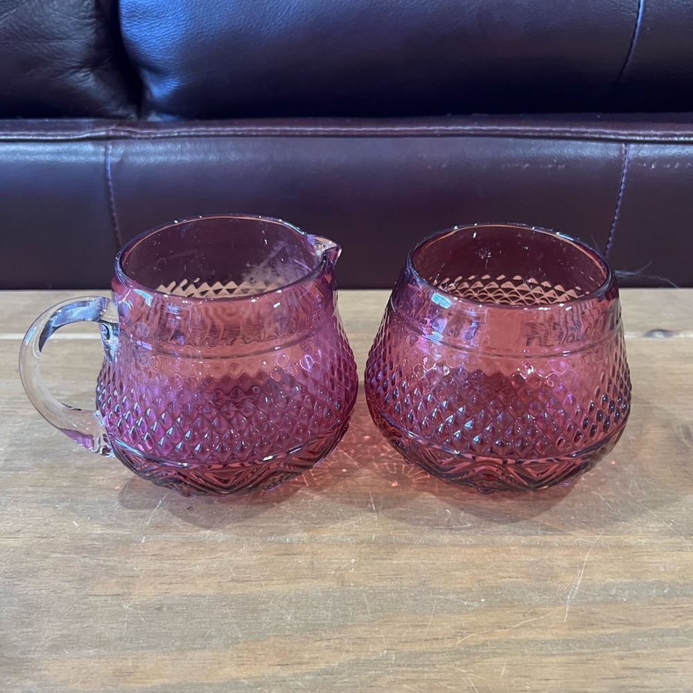 Pilgrim Glass Bennington pattern Cranberry glass creamer and sugar set.